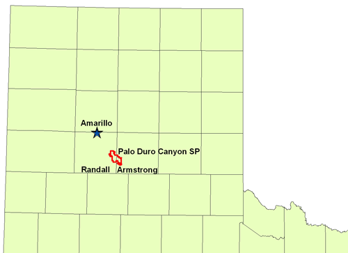 Location of Palo Duro Canyon SP in relation to Amarillo and Randall and Armstrong Counties