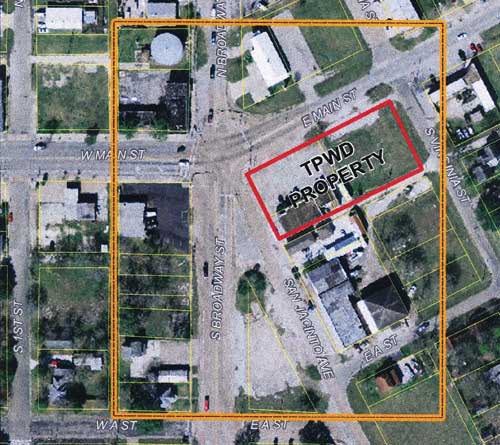 Location of TPWD Region 4 office property in relation to Main Street and Broadway Street, La Porte, TX