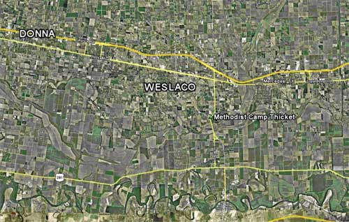 Location of Methodist Camp Thicket in relation to Donna and Weslaco