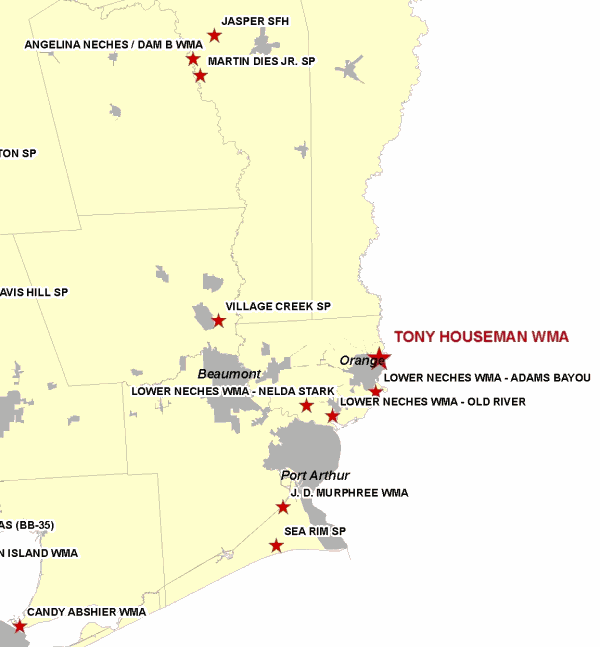 Vicinity Map for Tony Houseman WMA East of Orange, Texas