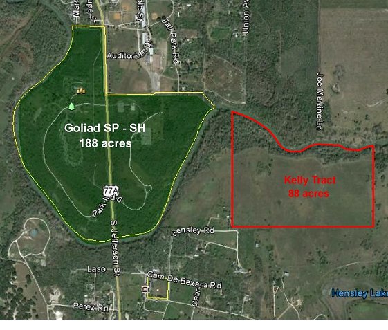 Site Map for Subject 88 Acres at Goliad State SPHS - Park in Green; Subject Tract Outlined in Red
