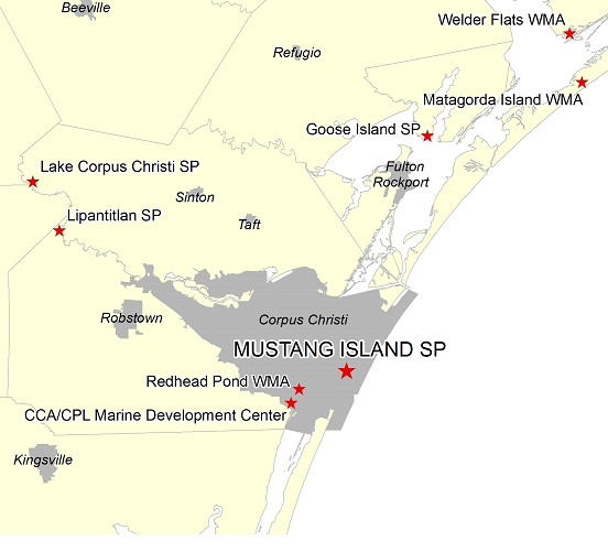 Vicinity Map for Mustang Island State Park 10 Miles East of Corpus Christi