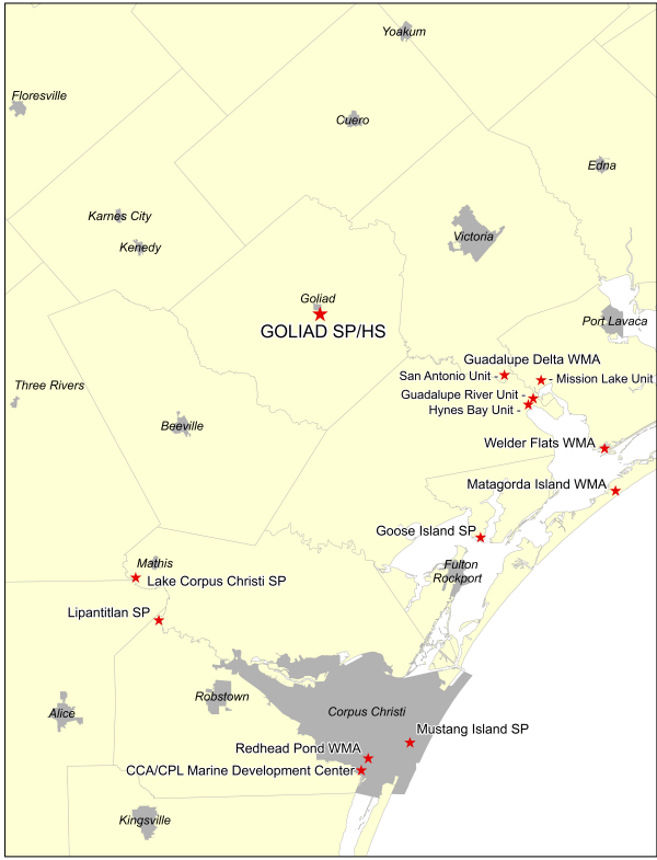 Vicinity Map for Goliad SP and HS – 20 Miles Southwest of Victoria