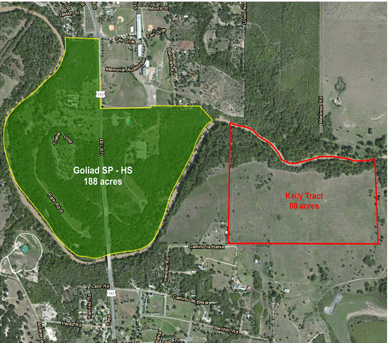 Site Map for Subject 88 Acres at Goliad State SP and HS Park in Green; Subject Tract Outlined in Red