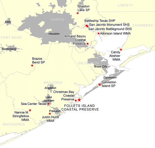 Vicinity Map for Follets Island Coastal Preserve – 50 Miles South of Houston