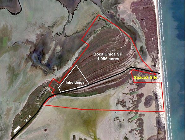 Site Map for Boca Chica State Park (Outlined in Red) Showing General Location of Inholdings and Proposed SpaceX Launch Facility