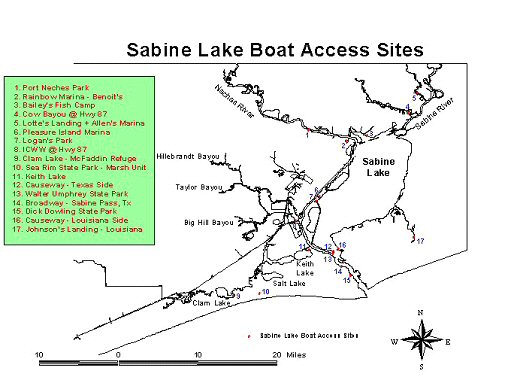 map showing boat access points for 
	sabine lake