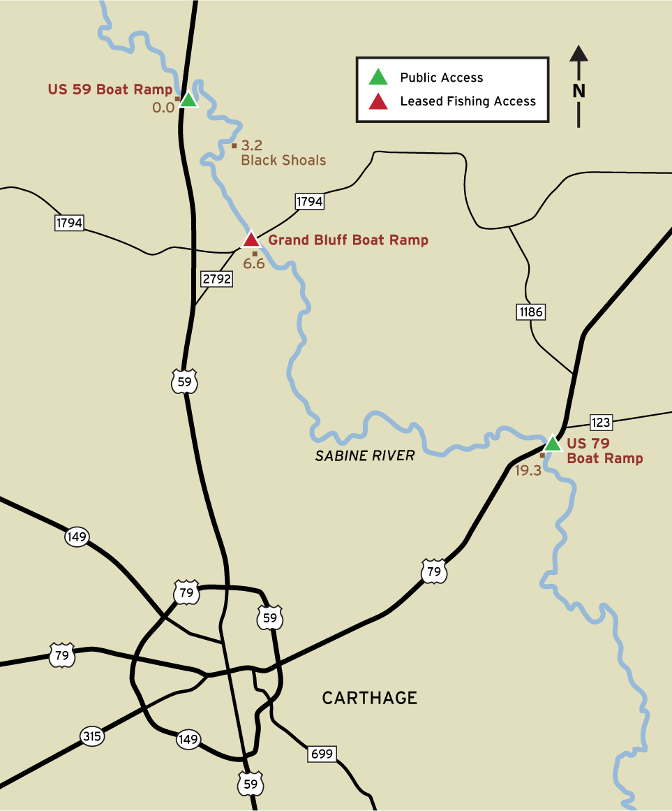 Map of Sabine River access points
