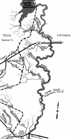 Map of Sabine River from Toledo Bend Dam to US 190.