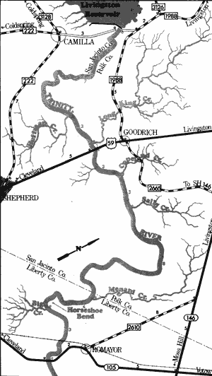 Map of Trinity River from Livingston Reservoir to State Highway 105.