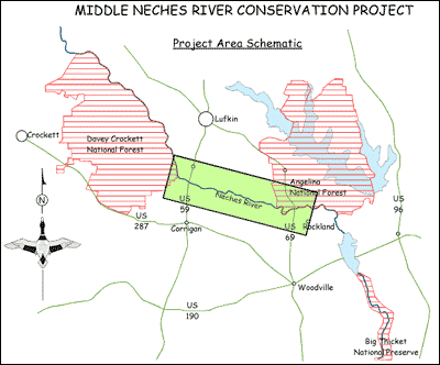 Middle Neches River Conservation Project Area Schematic between Davey Crockett National Forest and Angelina National Forest