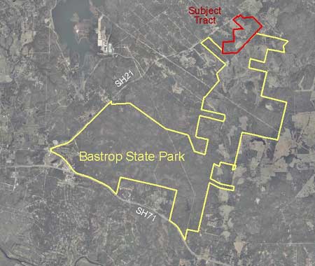 This image is a representation of where the subject tract lies in relation to Bastrop State Park
