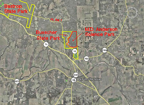 Location of access easements in relation to Buescher and Bastrop State Parks