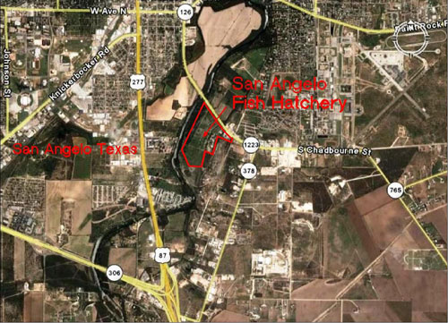 Location of San Angelo Fish Hatchery in relation to San Angelo Texa and major highways