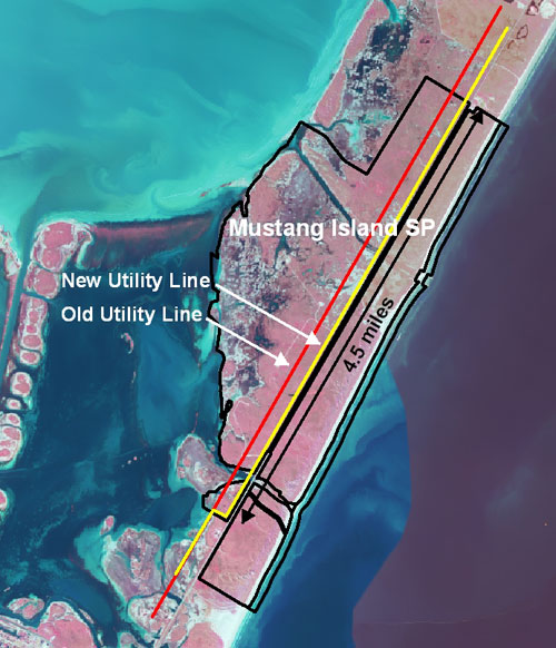 Location of utility lines in relation to Mustang Island State Park