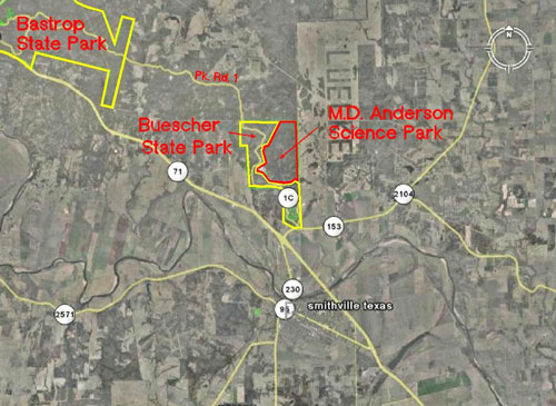 Location of M.D. Anderson Science Park in relation to Buescher State Park