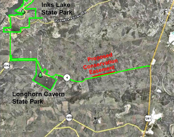 Location of proposed conservation easement in relation to Longhorn Cavern State Park and Inks Lake State Park