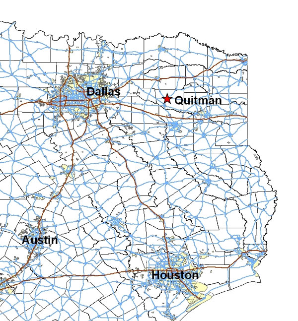 Location of Governor Hogg Shrine Park in relation to the cities of Dallas, Austin, and Houston, TX