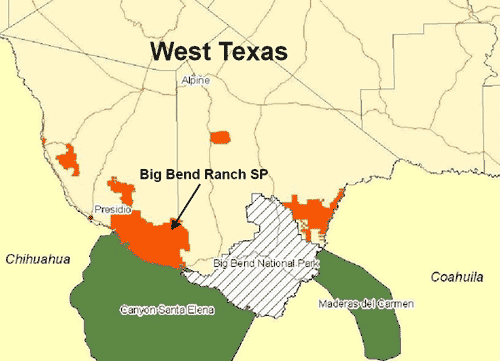 Location of Big Bend Ranch State Park in relation to surrounding West Texas area