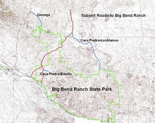 Location of historic access roads and requested access roads in relation to Big Bend Ranch State Park