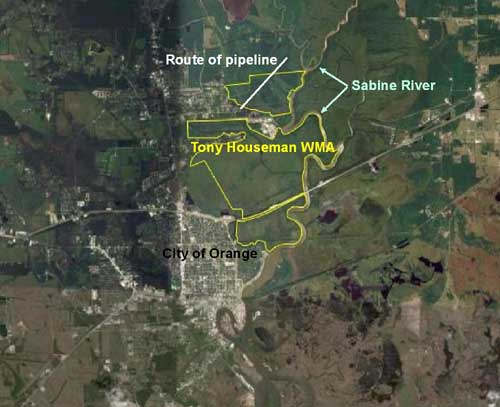 Location of pipeline route in relation to Tony Houseman WMA and Sabine River