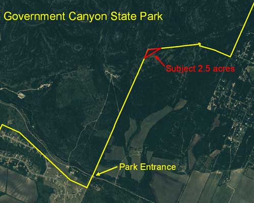 Location of subject tract in relation to Government Canyon State Park entrance