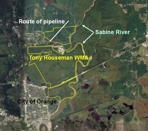 Location of Tony Houseman Wildlife Management Area in relation to Sabine River, City of Orange and pipeline route