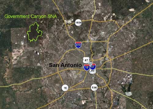 Location of Government Canyon State Natural Area in relation to City of San Antonio