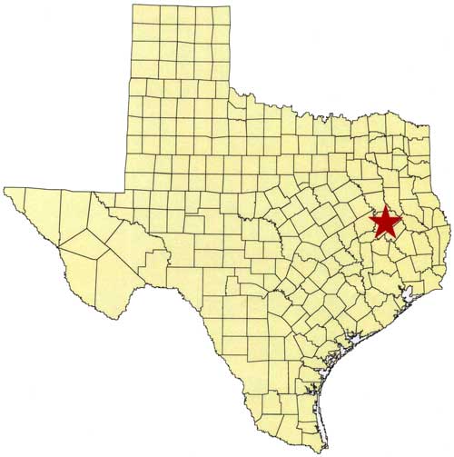 Location of Mission Tejas State Park, Houston County in relation to the State of Texas