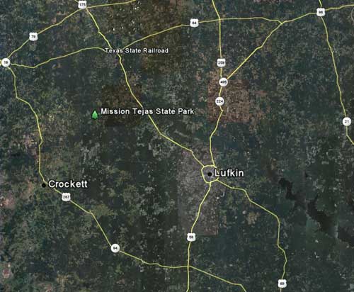 Location of Mission Tejas State Park in relation to Lufkin, TX and Crockett, TX