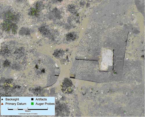 Aerial photograph of Seminole Canyon State Park and Historic Site (Archeological Site) showing the distribution of the burned rock middens.