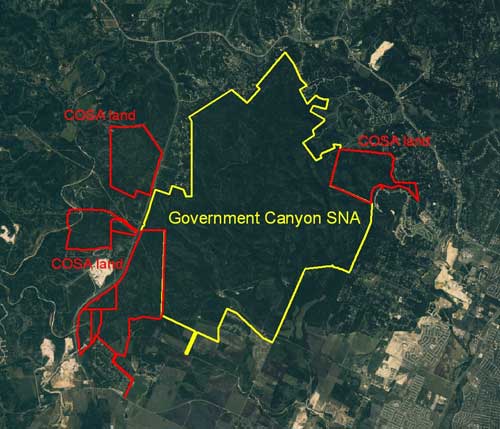 Location of Government Canyon State Natural Area in relation to COSA land