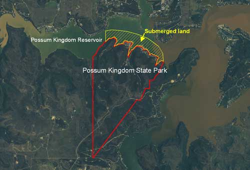 Location of Possum Kingdom State Park in relation to Possum Kingdom Reservoir and submerged land