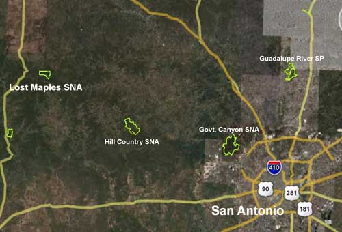 Location of Lost Maples State Natural Area in relation to Hill Country State Natural Area, Government Canyon State Natural Area, Guadalupe River State Park and the city of San Antonio, TX