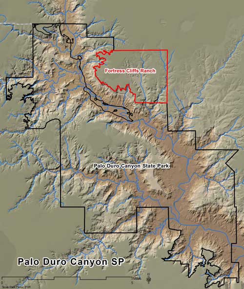 Location of Palo Duro Canyon SP in relation to Fortress Cliffs Ranch