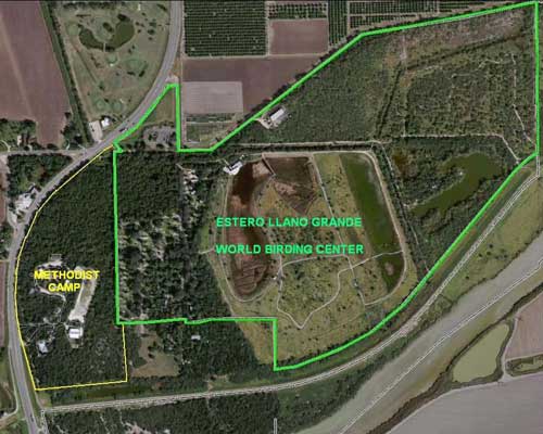 Location of methodist camp in relation to Estero Llano Grande World Birding Center