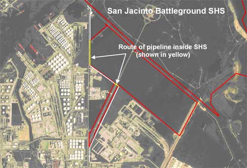 Location of San Jacinto Battleground SHS in relation to route of pipeline