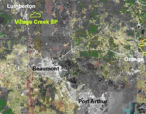 Location of Village Creek State Park in relation to Beaumont and Port Arthur, TX