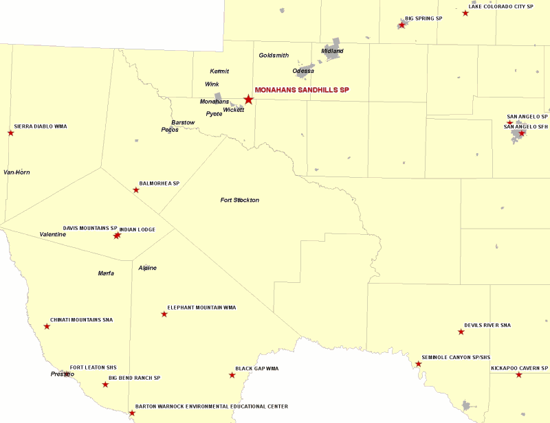 Vicinity Map for Monahans Sandhills SP 30 miles Southwest of Odessa