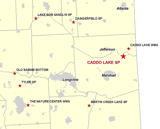 Vicinity Map for Caddo Lake State Park - 10 Miles Northeast of Marshall