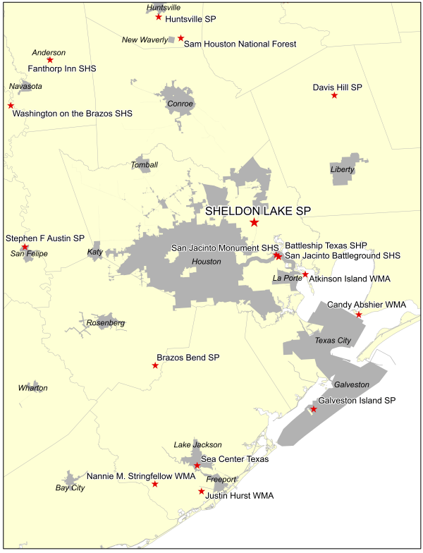 Vicinity Map for Sheldon Lake SP – Ten Miles Northeast of Houston