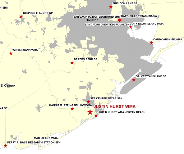 Vicinity Map for the Justin Hurst WMA, 60 Miles South of Houston