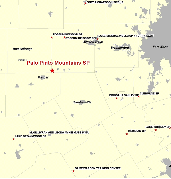 Vicinity Map for Palo Pinto Mountains State Park - 70 Miles West of Fort Worth