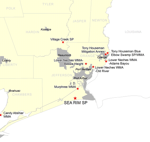 Vicinity Map for Sea Rim State Park – 15 Miles South of Port Arthur