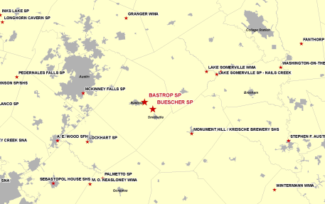 Vicinity Map for Bastrop State Park 32 Miles Southeast of Austin