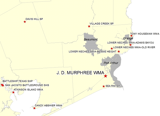 Vicinity Map for JD Murphree WMA – 5 Miles South of Port Arthur