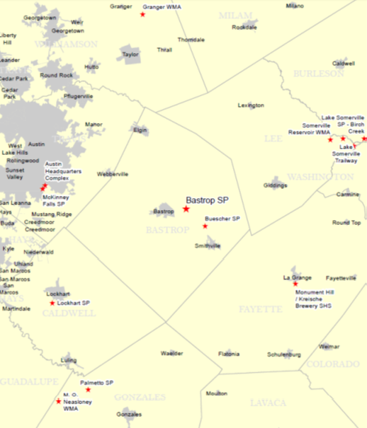 Vicinity Map for Bastrop State Park (SP), 32 Miles Southeast of Austin