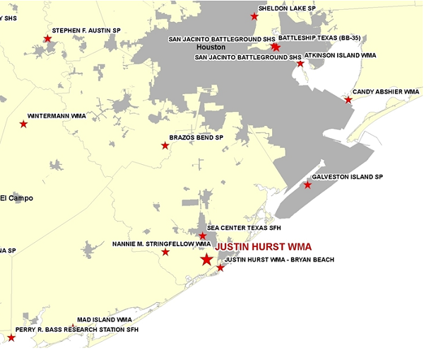 vicinity Map for Justin Hurst Wildlife Management Area