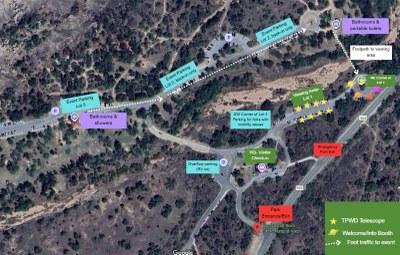 Map showing location of parking, stations, bathrooms.
