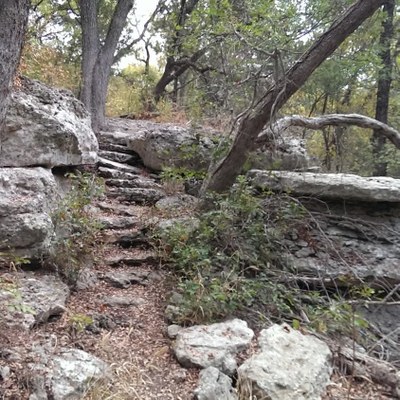Trail with rock steps at Mother Neff State Park